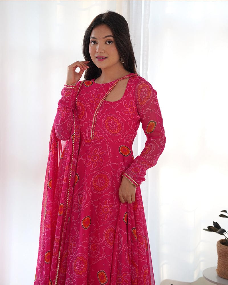 Pink Color Bandhej  Print Soft Chiffon Stylish Neck Three Piece Anarkali Gown