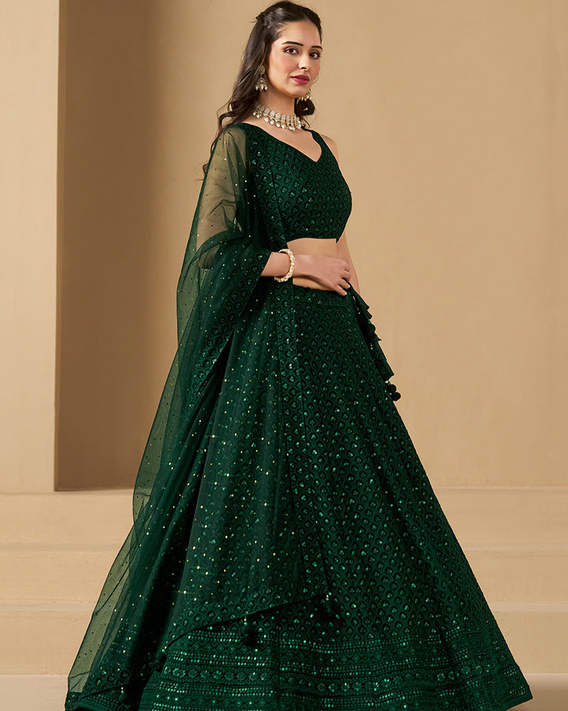 Green Color Georgette Embroidered Lehenga Choli With Dupatta