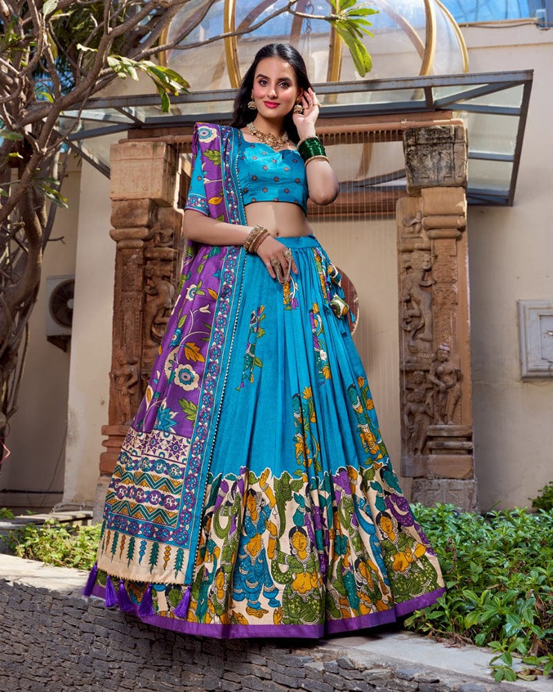 Firozi Color Tussar Silk Kalamkari Printed Lehenga Choli
