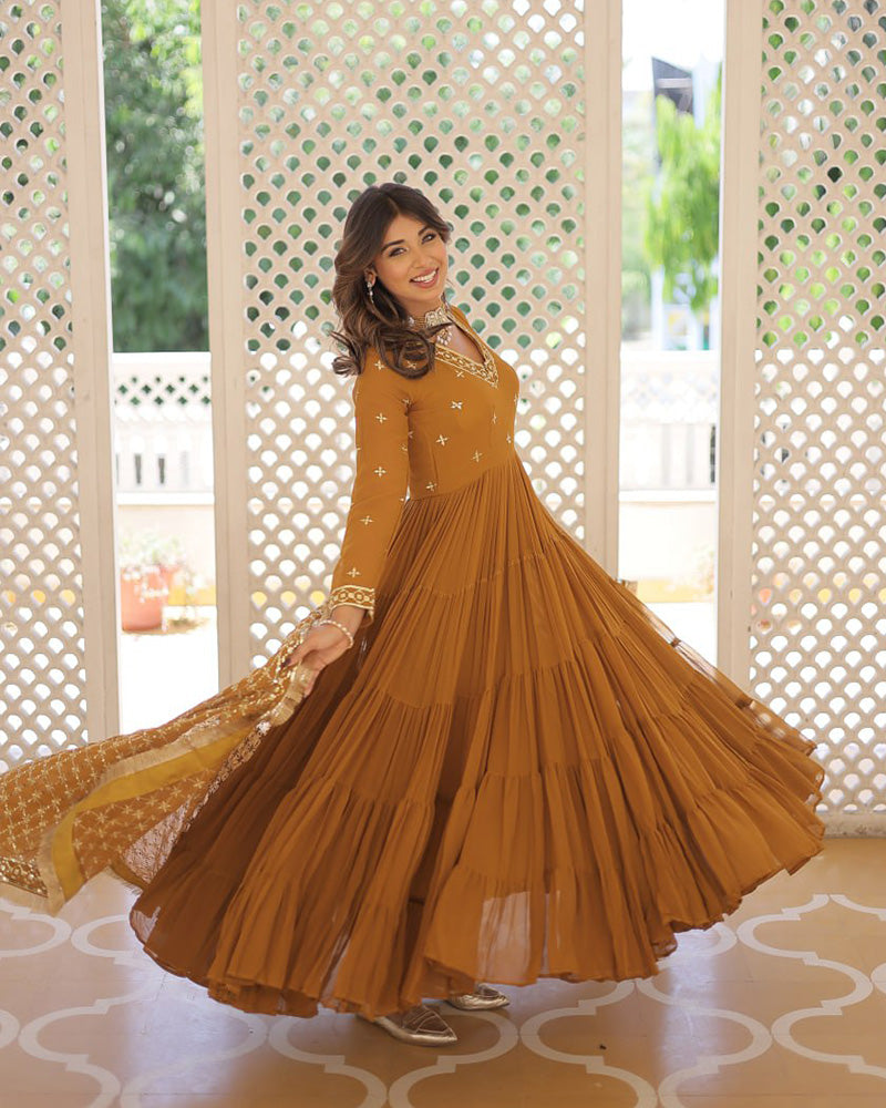 Mustard Color Faux Georgette Designer Anarkali Gown With Dupatta