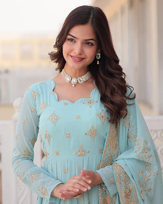 Sky Blue Color Faux Georgette Gown With Sequins Embroidered Dupatta