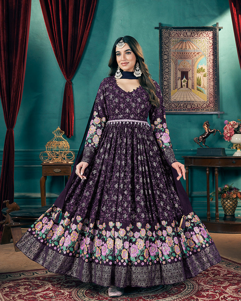 Purple Color Faux Georgette Metalic Foil Work Gown With Dupatta