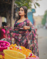 Rugee In Our Floral Print Organza Black Color Three Piece Anarkali Suit