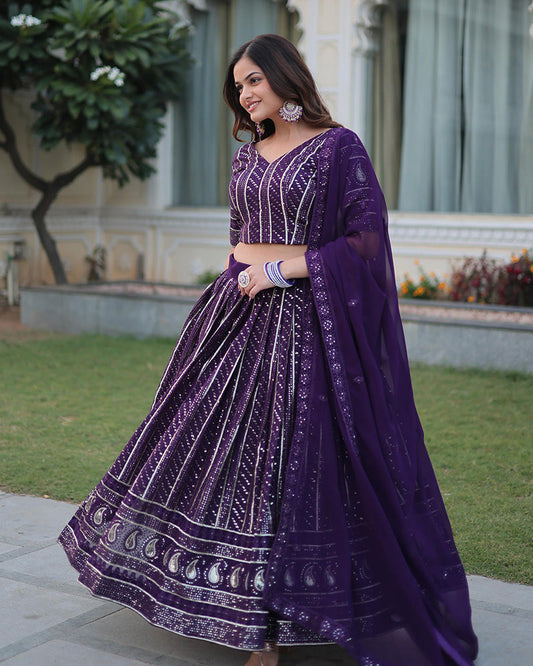 Designer Wine Color Faux Blooming Semi stitched Lehenga Choli