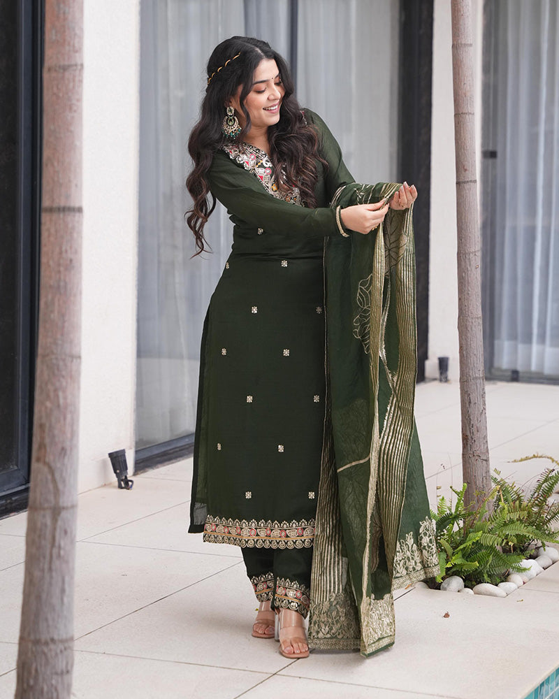 Green Color Roman Silk Embroidered Three Piece Kurti Suit