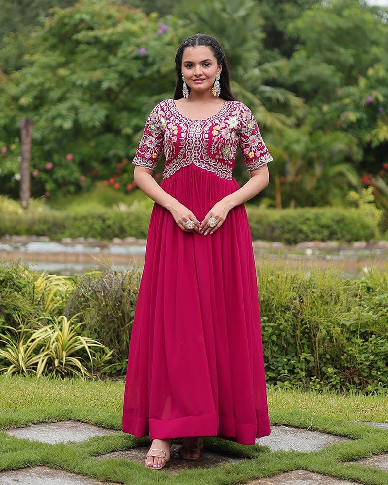Rani Pink Color Faux Blooming Embroidered Gown