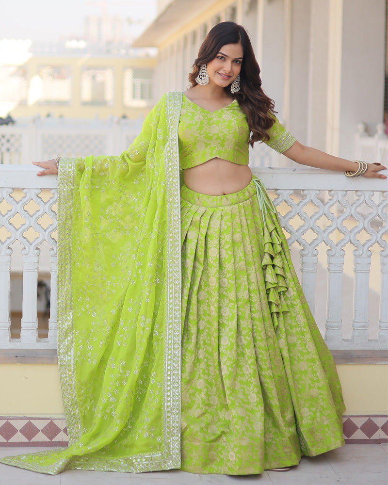Green Color Pure Viscose Jacquard Lehenga Choli
