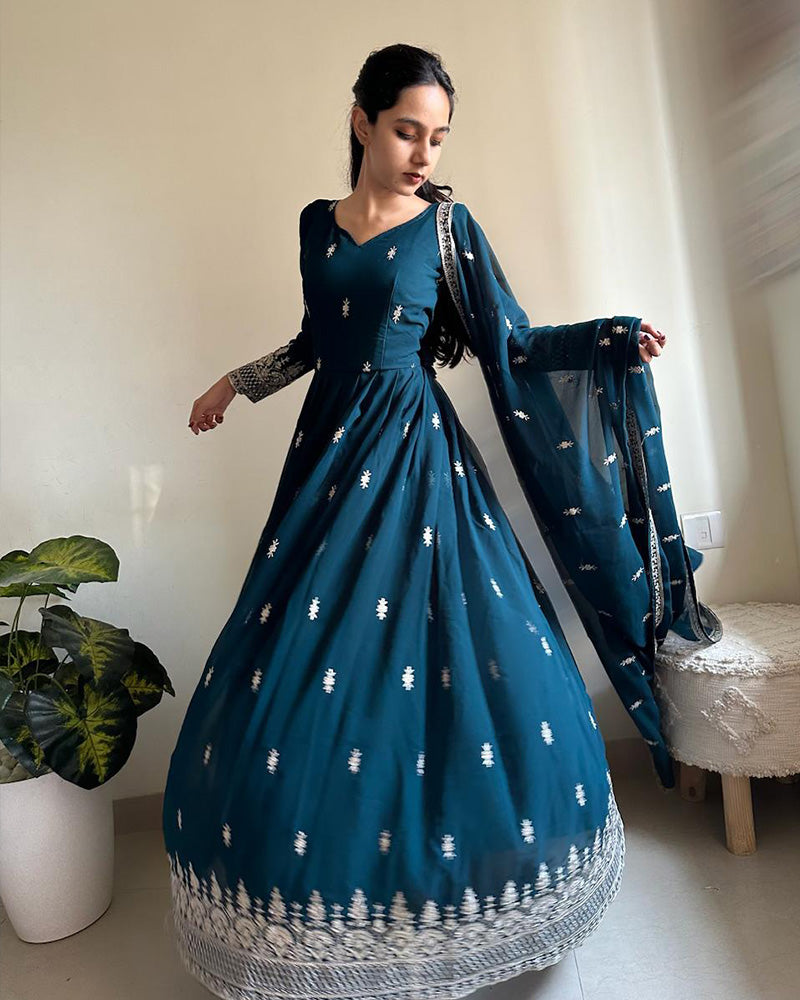 Rama Color Georgette Designer Anarkali Gown With Dupatta