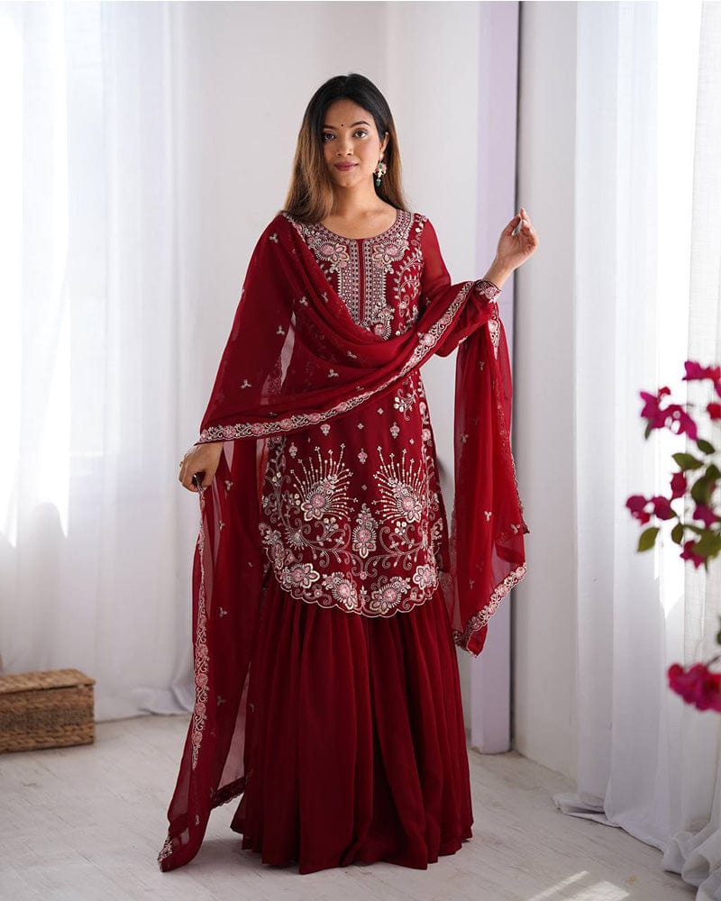 Maroon Color Faux Georgette Sharara Suit