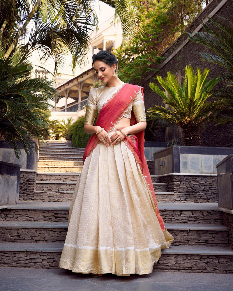 Off-White Color Jacquard Chex Lehenga Choli