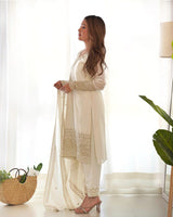 White Color Chinon Silk Three Piece Kurti Suit