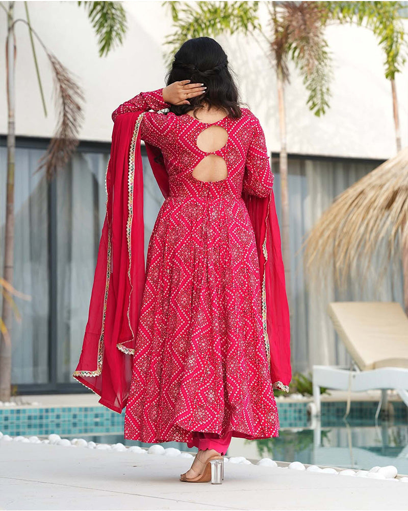 Rani Pink Color Rayon Bandhej Print Three Piece Anarkali Suit