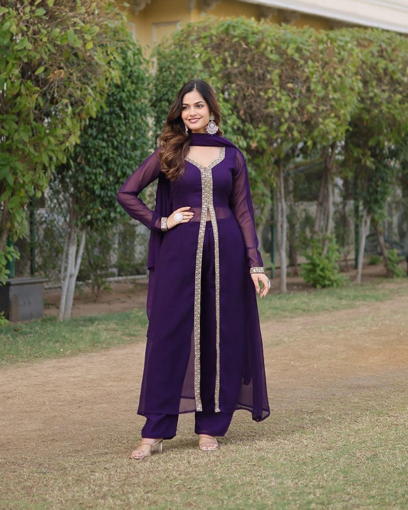 Western Designer Wine Color Georgette Three Piece Kurti Suit