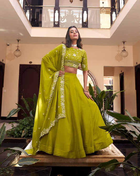 Parrot Green Color Star Georgette Embroidered Lehenga Choli