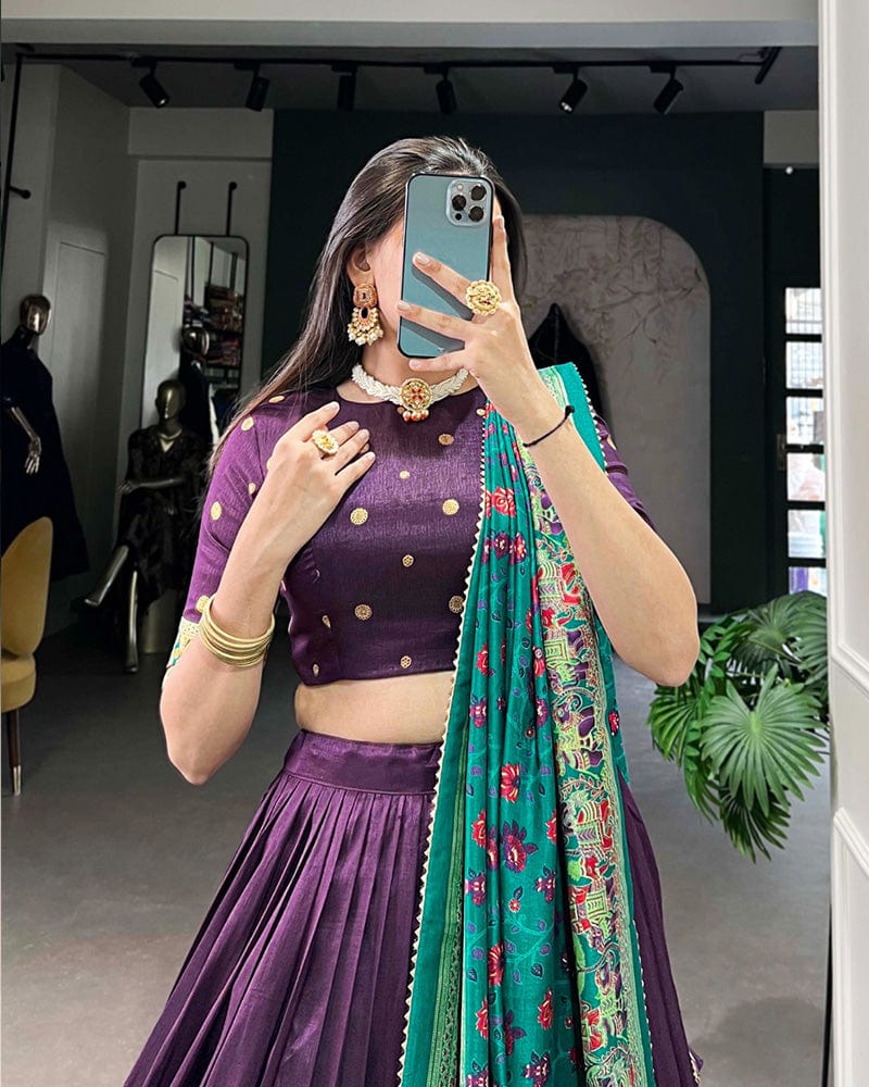 Purple Color Tussar Silk Printed With Foil Work Lehenga Choli