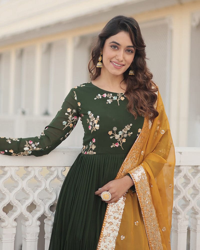 Mehndi Color Three layer Georgette Gown With Russian Silk Dupatta