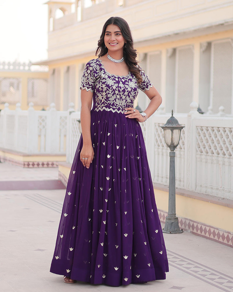Purple Color Faux Blooming Sequins Embroidered Anarkali Gown