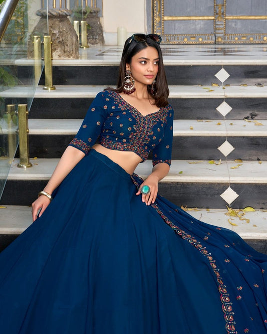 Firozi Color Georgette Embroidered Lehenga Choli