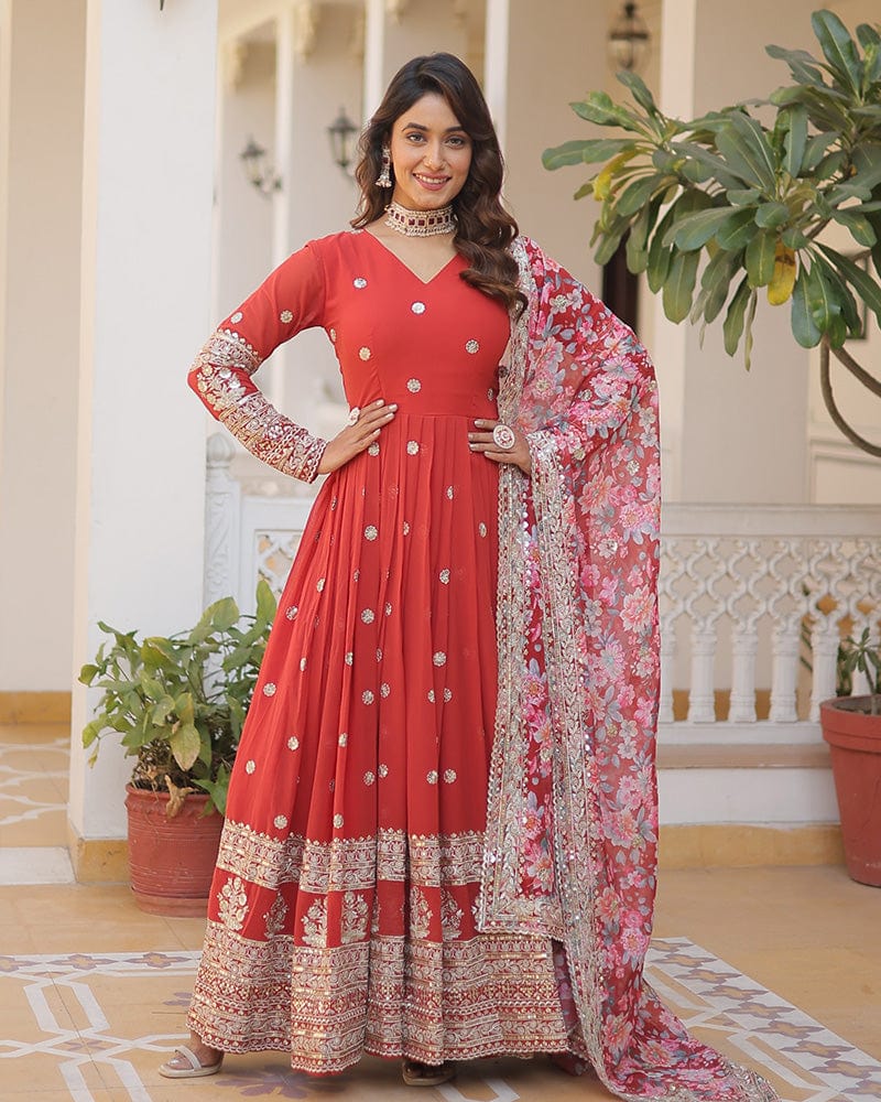 Red Color Faux Georgette Designer Gown With Dupatta