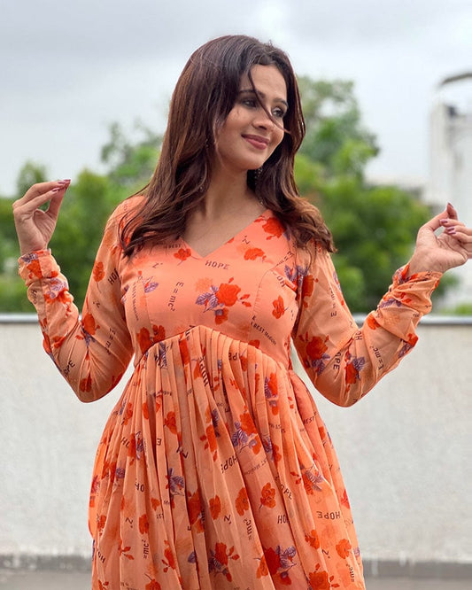 Orange Color Georgette Floral Printed Tunic