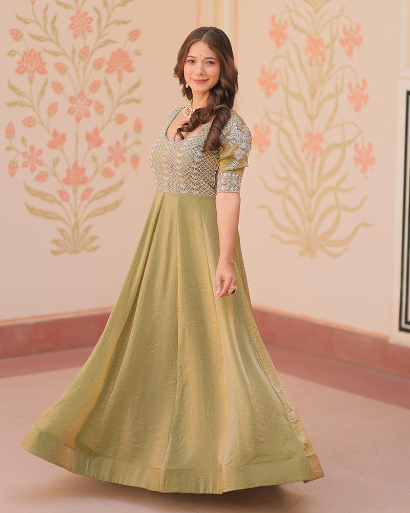 Mehndi Color Fendi Embroidered work Gown