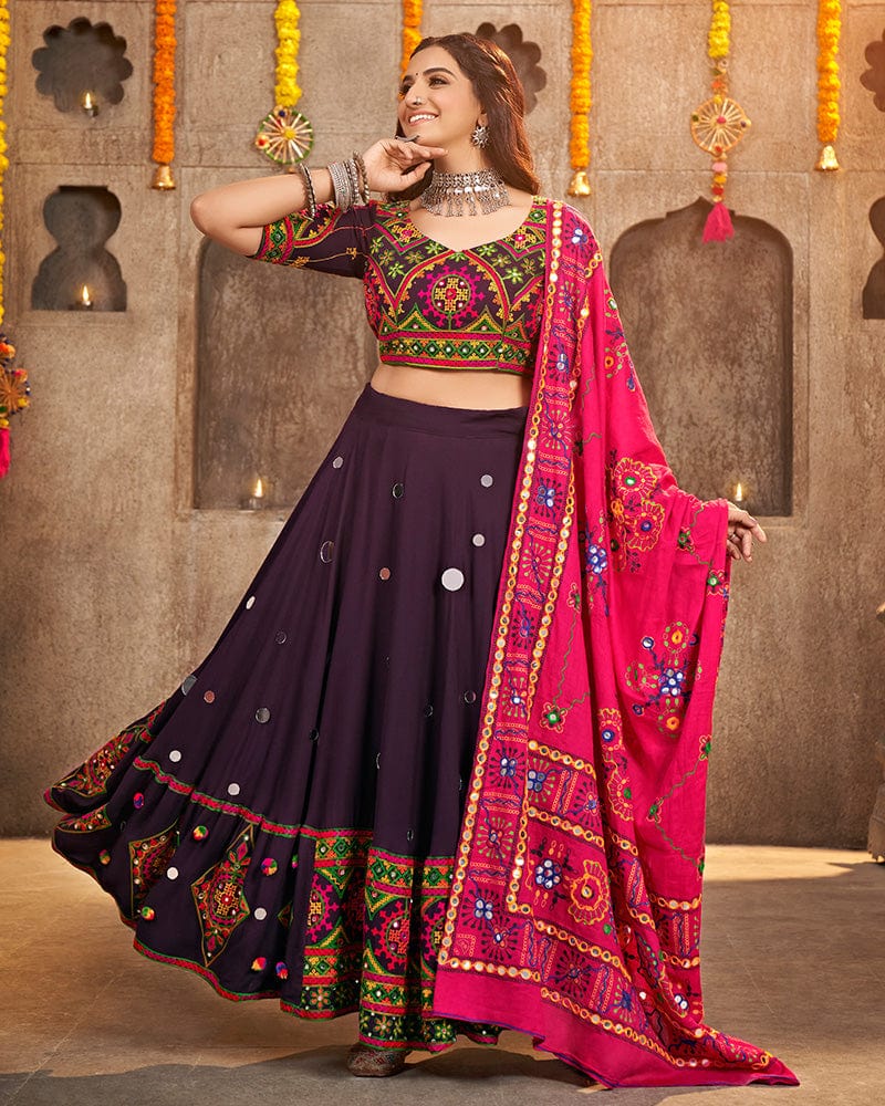 Purple Color Viscose Rayon Mirror Work Navratri Lehenga Choli