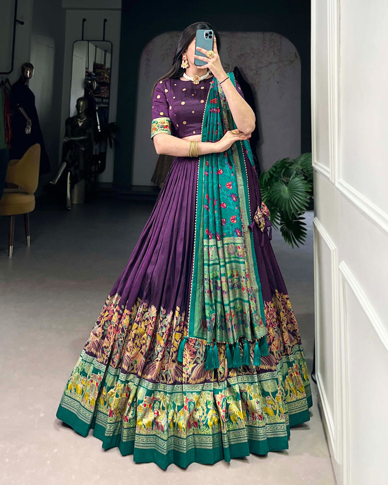 Purple Color Tussar Silk Printed With Foil Work Lehenga Choli