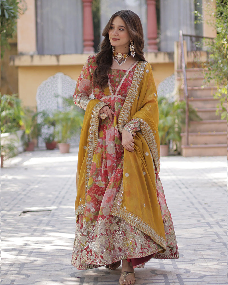 Pinkish Red Color Alia Cut Embroidered Gown With Dupatta