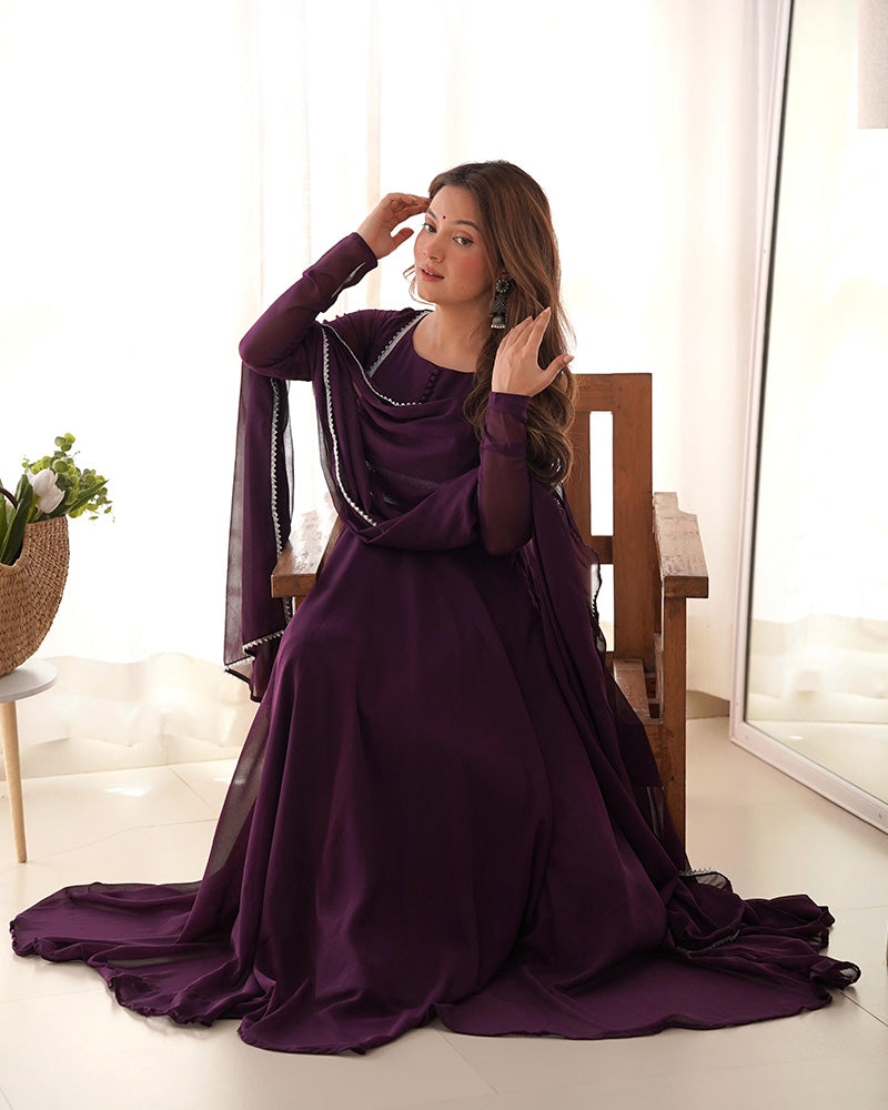 Wine Color Georgette Three Piece Anarkali Suit