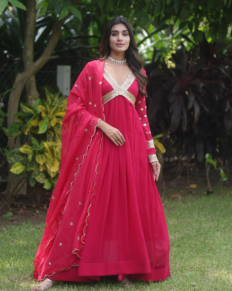 Wedding Wear Embroidered Rani Pink Color Alia Cut Gown With Dupatta