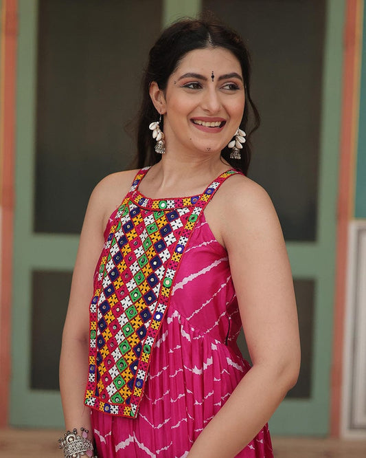 Rani Pink Color Chinon Laheriya Print Navratri Gown