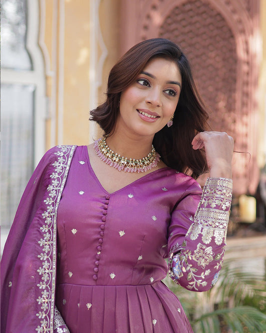 Onion Color Embroidered Viscose Cosmos Gown With Dupatta