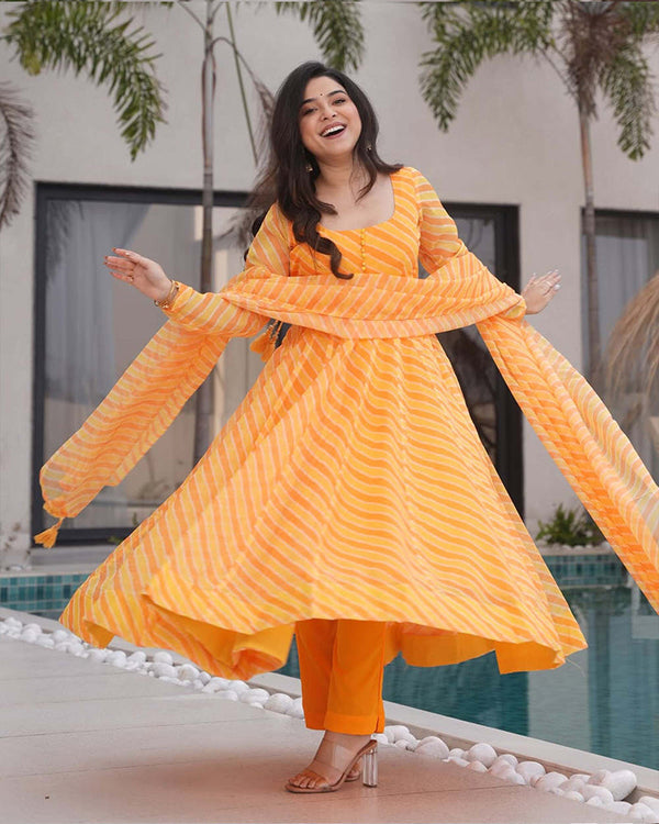Yellow Color Laheriya Print Tabby Organza Anarkali Suit