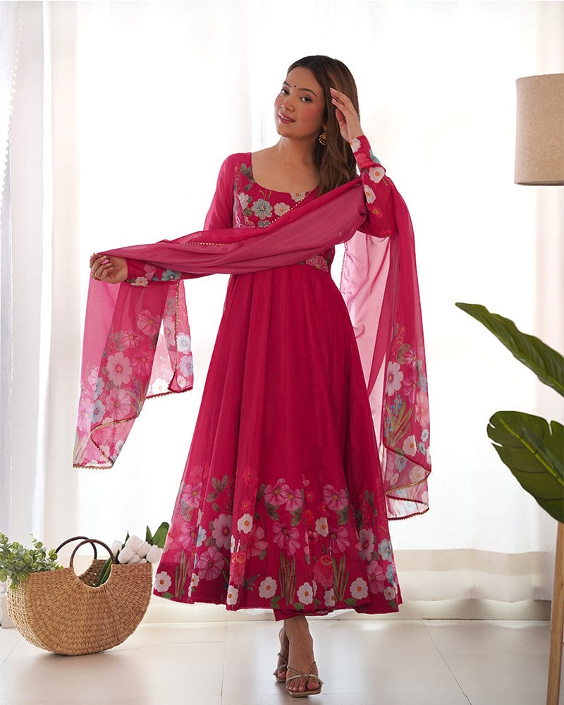 Rani Pink Color Floral Print Organza Three Piece Anarkali Suit