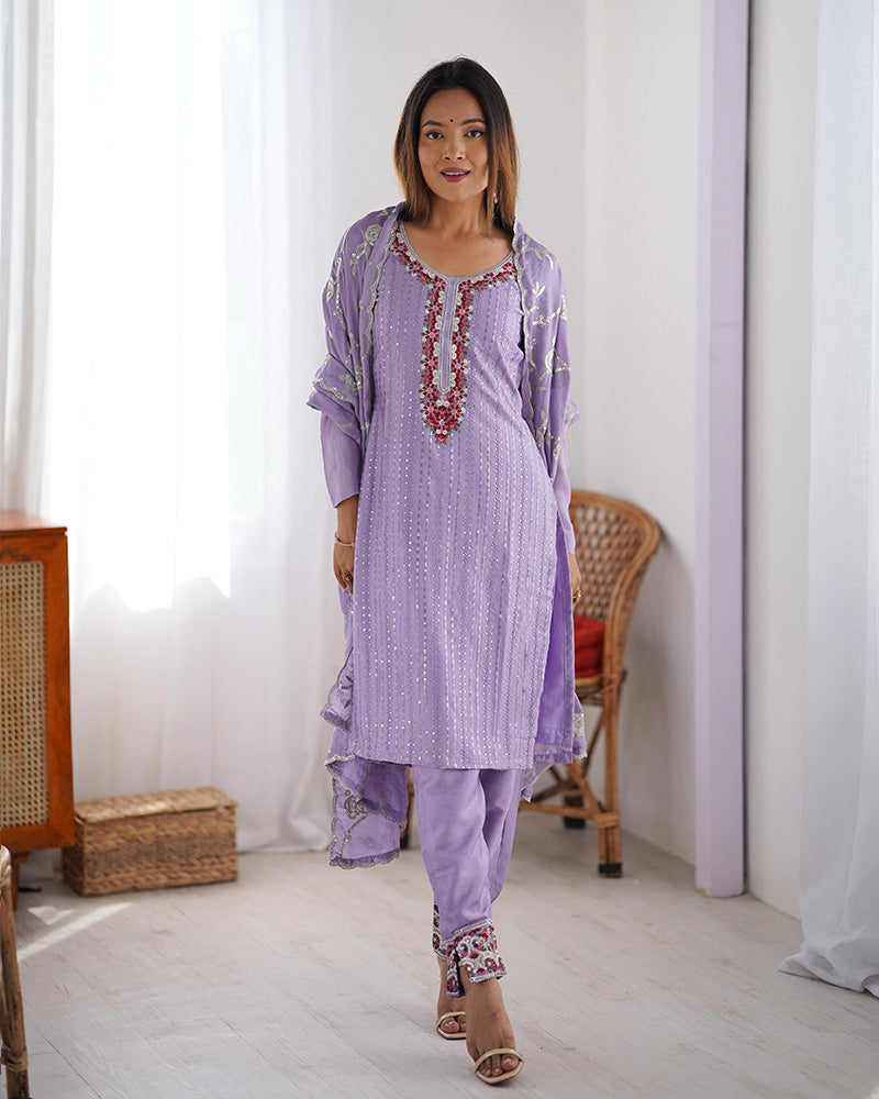 Light Purple Color Chinon Silk Three Piece Kurti Suit