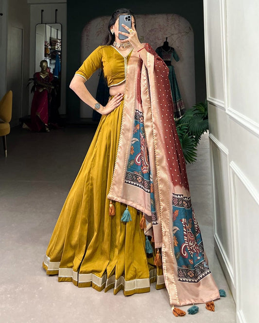 Mustard Color Pure Chinon Silk Plain Lehenga Choli
