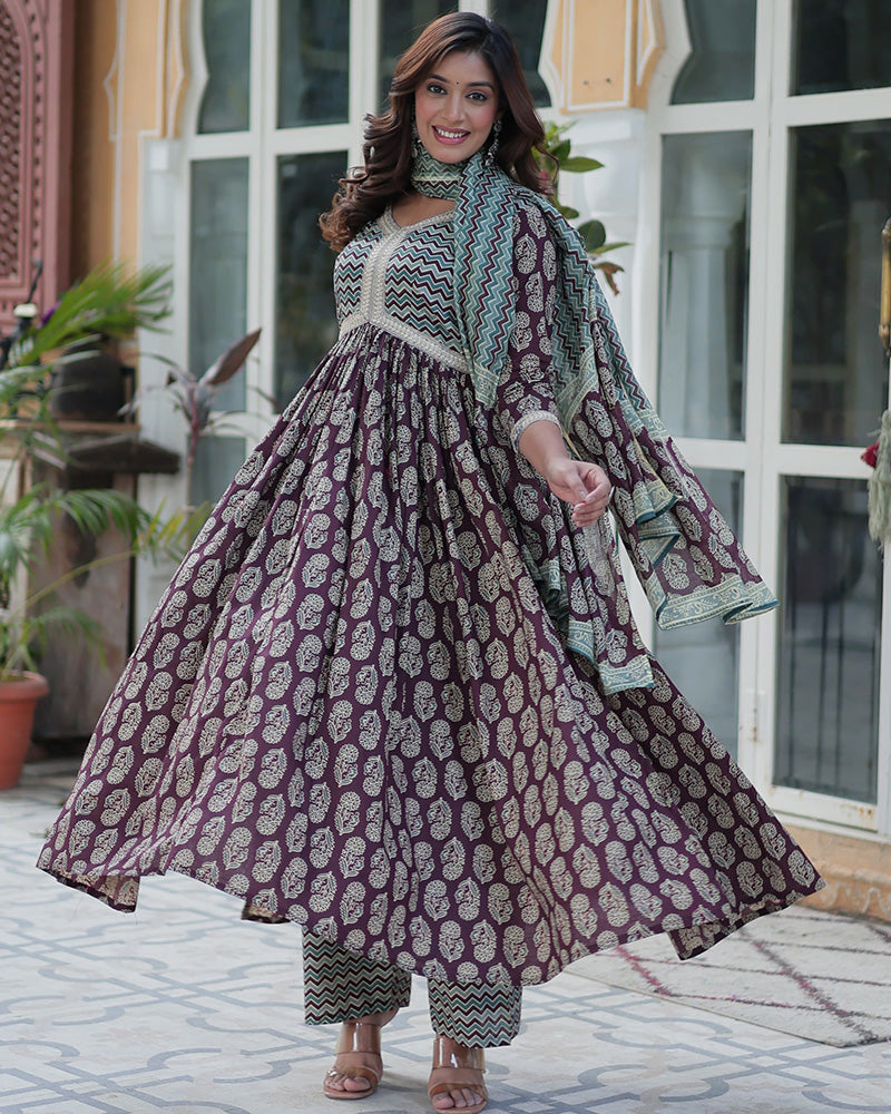 Coffee Brown Color Printed Pure Cotton Three Piece Kurti Suit