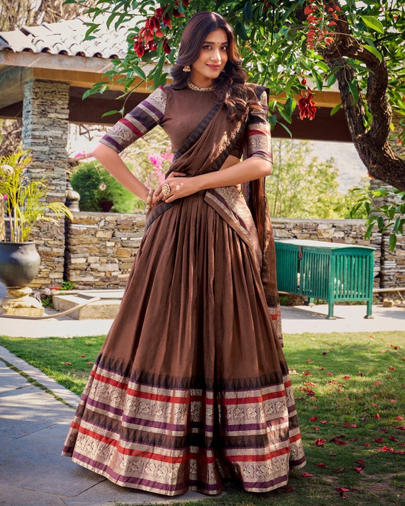 Brown Color Pure Chanderi Plain Lehenga Choli