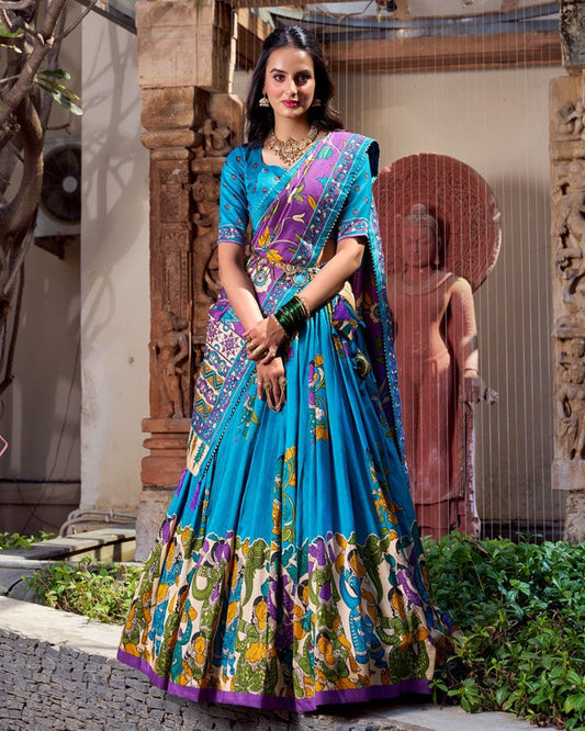 Firozi Color Tussar Silk Kalamkari Printed Lehenga Choli