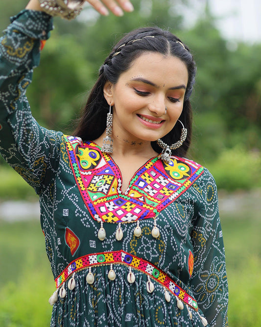 Green Color Georgette Kutchi Work Navratri Gown