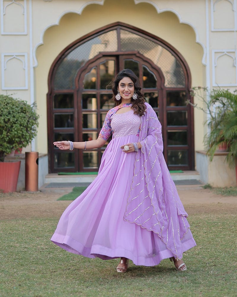 Lavender Color With Fancy Neck Faux Georgette Designer Anarkali Suit