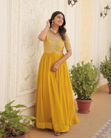 Yellow Color Faux Blooming Zari sequence Embroidered Gown