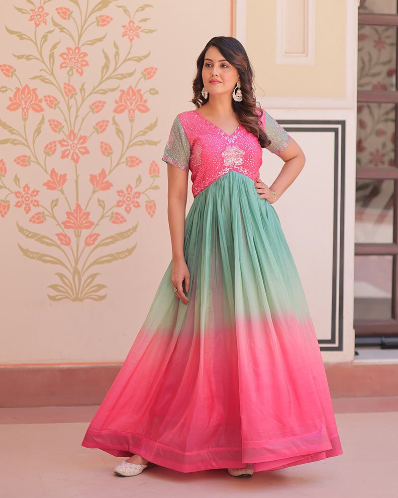 Pink Color Gold Crush Embroidered work Gown