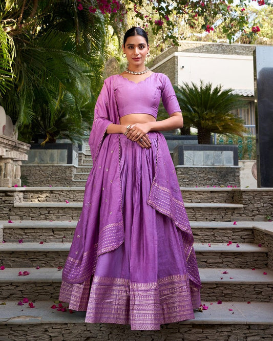 Purple Color Pure Chanderi Plain Navratri Lehenga Choli