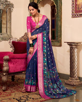 Navy Blue Color Poly Kalamkari Print Cotton With Zari Work saree