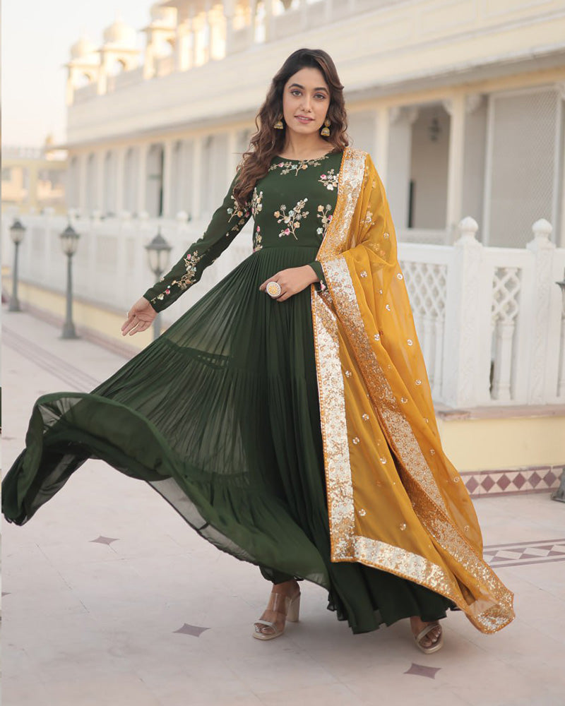 Mehndi Color Three layer Georgette Gown With Russian Silk Dupatta