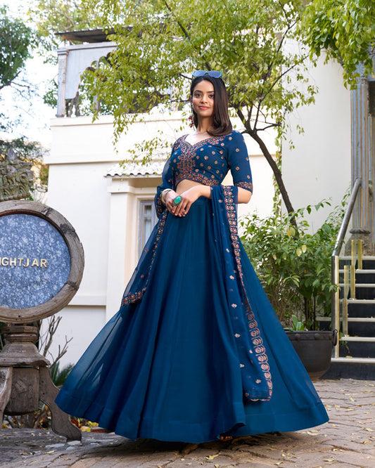 Firozi Color Georgette Embroidered Lehenga Choli