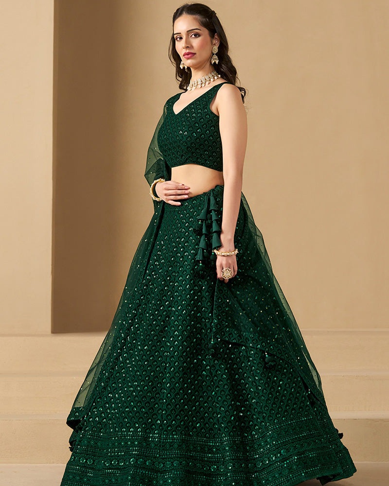 Green Color Georgette Embroidered Lehenga Choli With Dupatta