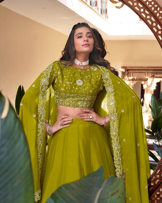 Parrot Green Color Star Georgette Embroidered Lehenga Choli