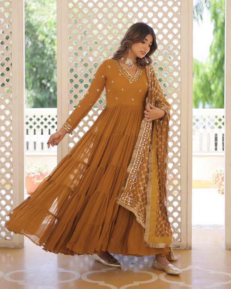 Mustard Color Faux Georgette Designer Anarkali Gown With Dupatta